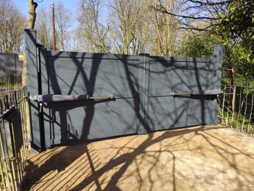 Internal photo of aluminium gate in anthracite with RAM electric motor installed by henderson in cheshire
